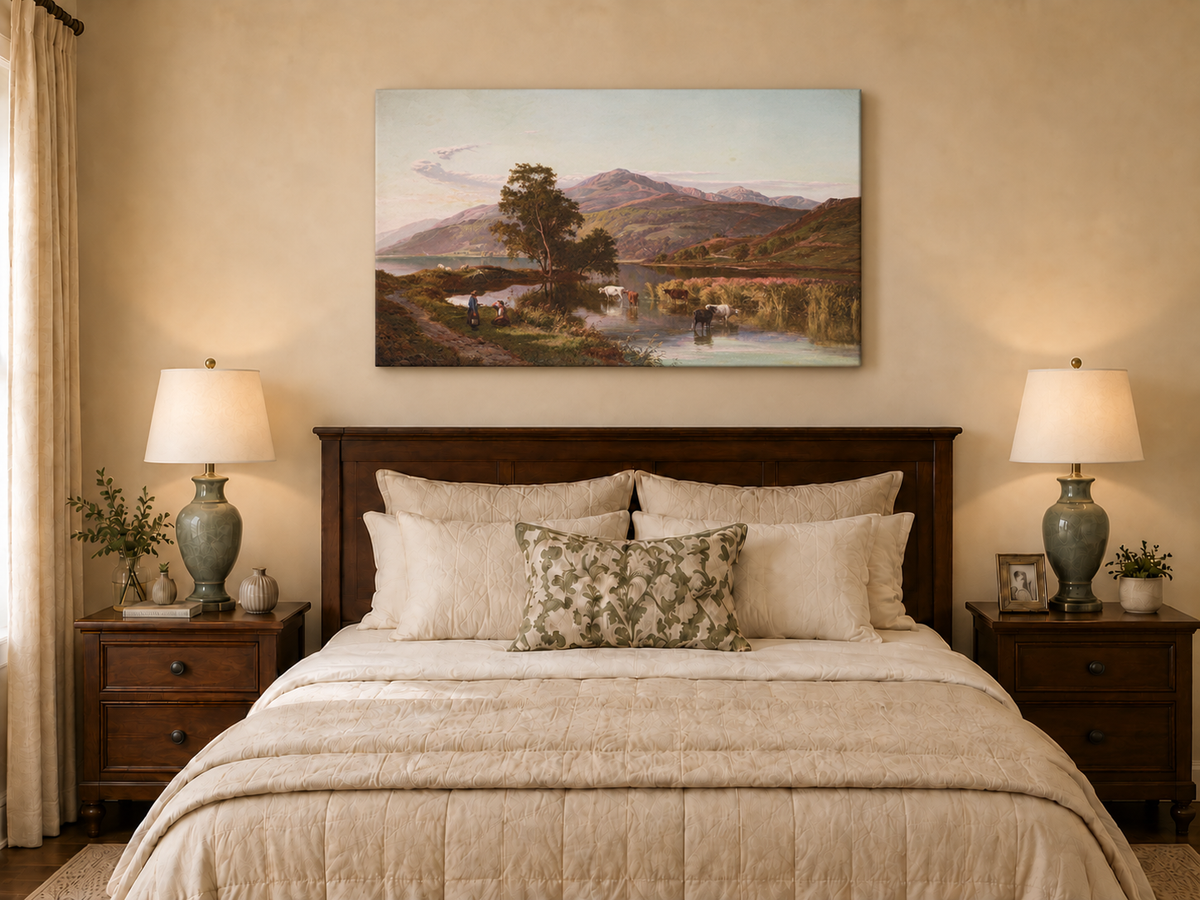 Landscape Oil Painting - Mountain Lake Cattle & Pastoral Life