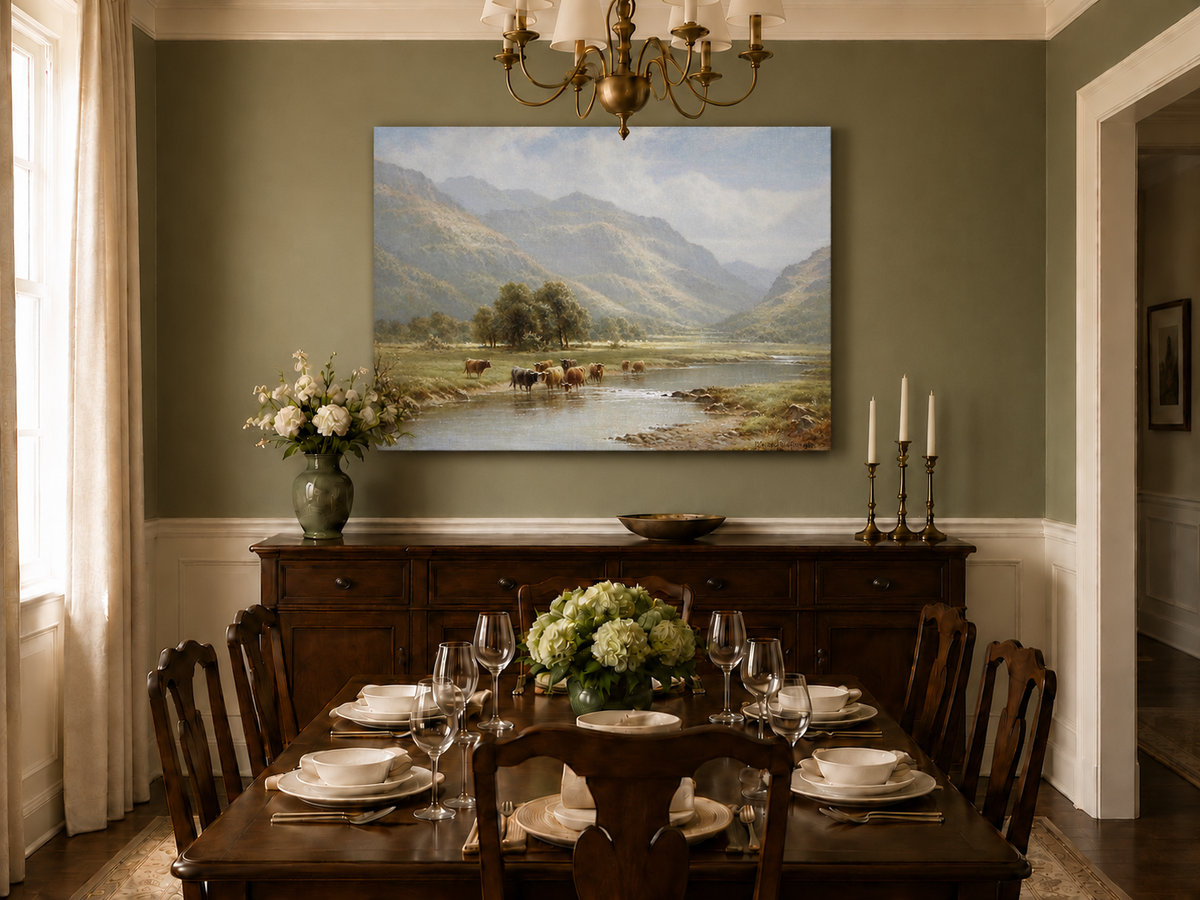 Landscape Oil Painting - Cattle Crossing a Mountain River Valley