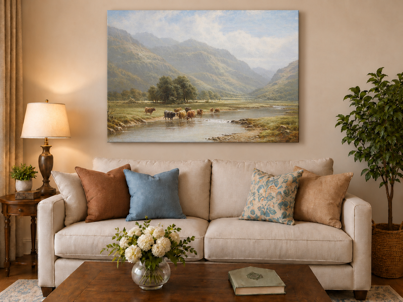 Landscape Oil Painting - Cattle Crossing a Mountain River Valley