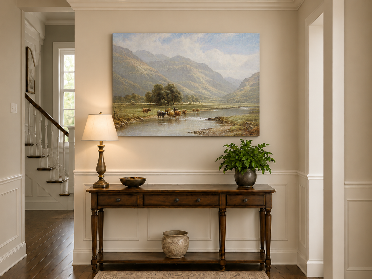 Landscape Oil Painting - Cattle Crossing a Mountain River Valley