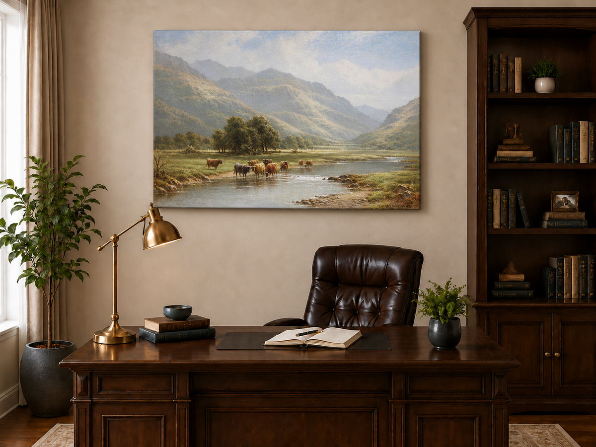 Landscape Oil Painting - Cattle Crossing a Mountain River Valley