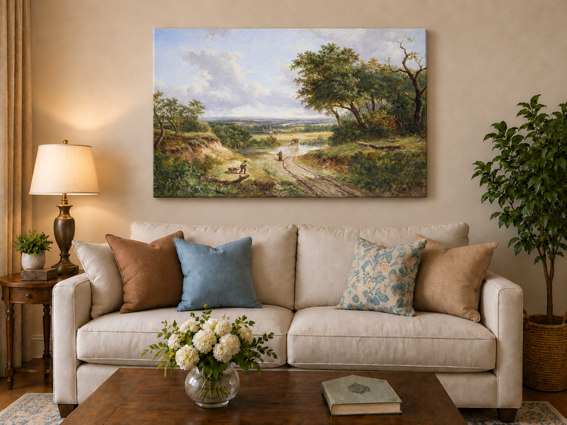 Huile sur toile - Chemin de campagne avec personnages et arbres