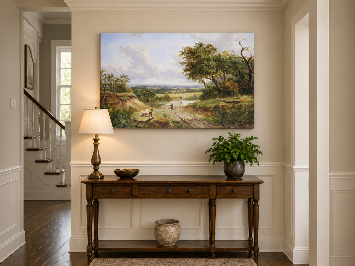 Huile sur toile - Chemin de campagne avec personnages et arbres