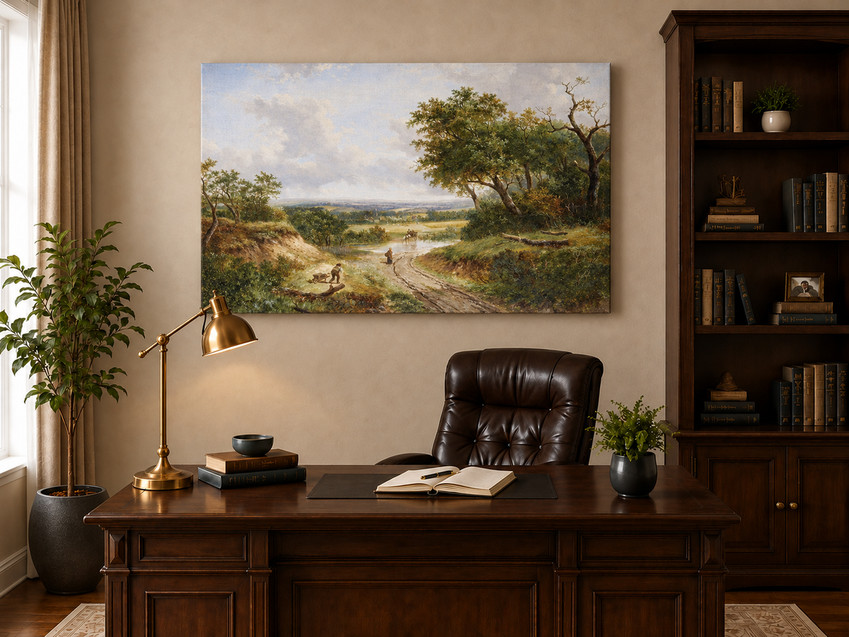 Huile sur toile - Chemin de campagne avec personnages et arbres