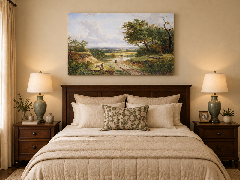 Huile sur toile - Chemin de campagne avec personnages et arbres
