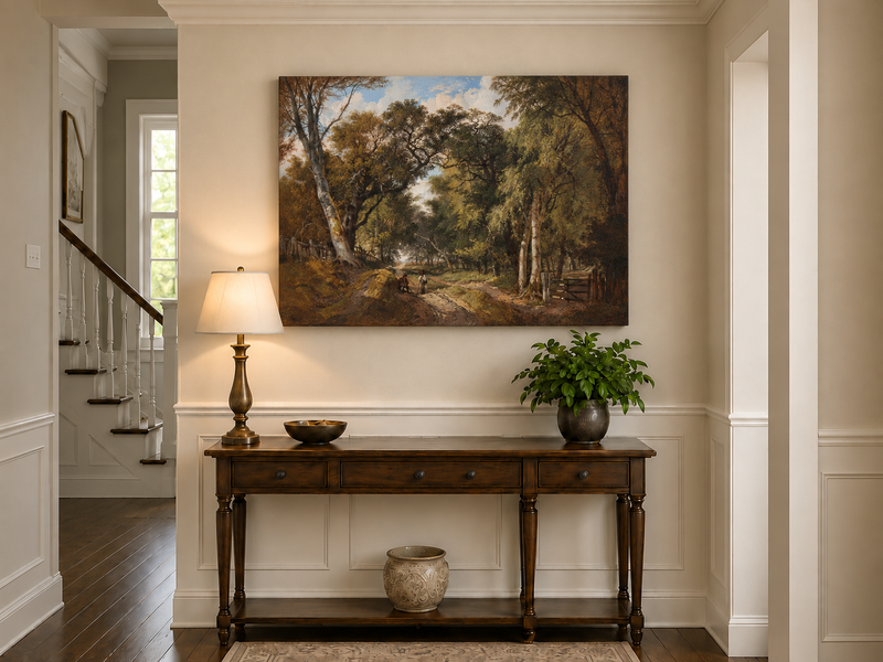 Peinture à l'huile de paysage - Sentier forestier avec personnages baignés d'une lumière douce