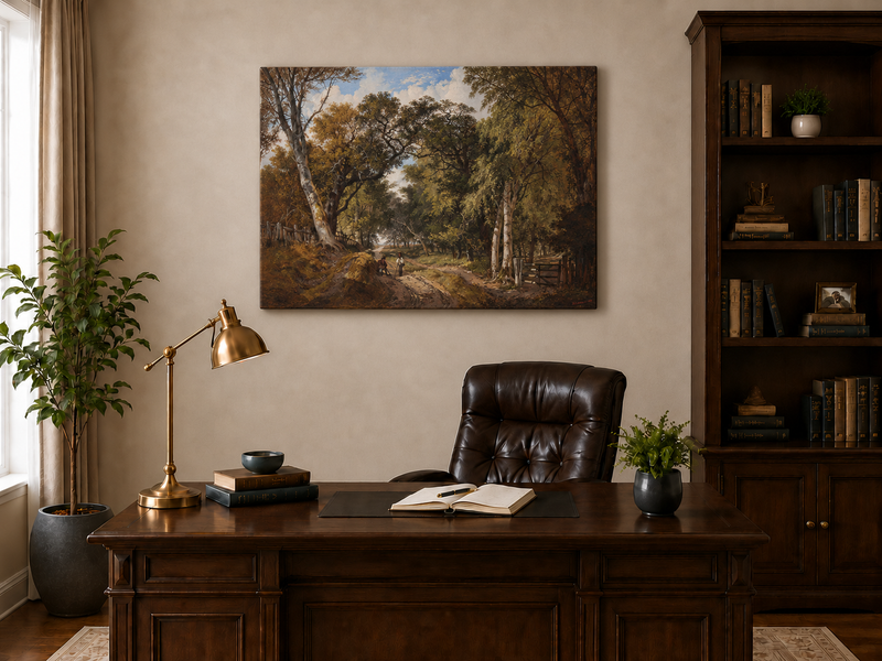 Peinture à l'huile de paysage - Sentier forestier avec personnages baignés d'une lumière douce