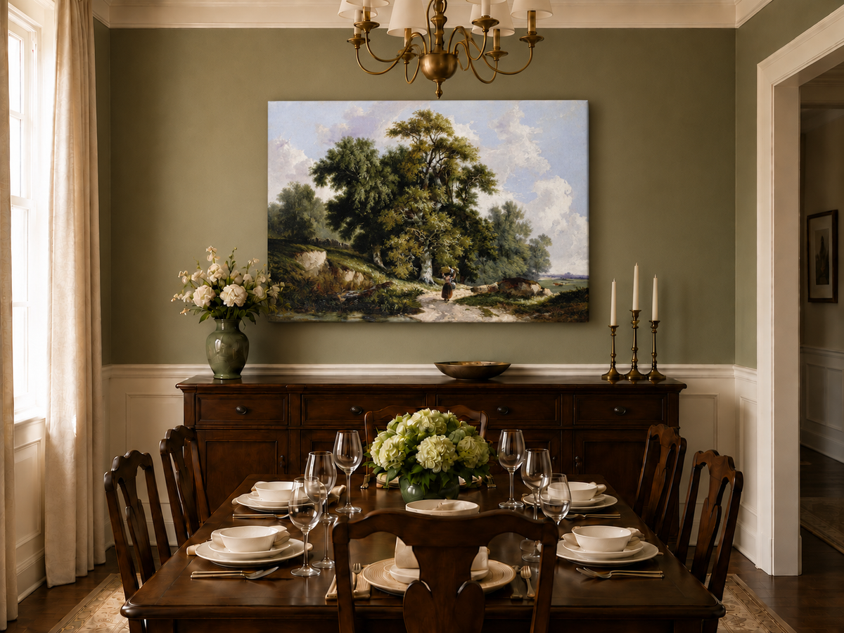 Peinture à l'huile de paysage - Chemin de campagne, grands arbres et personnage