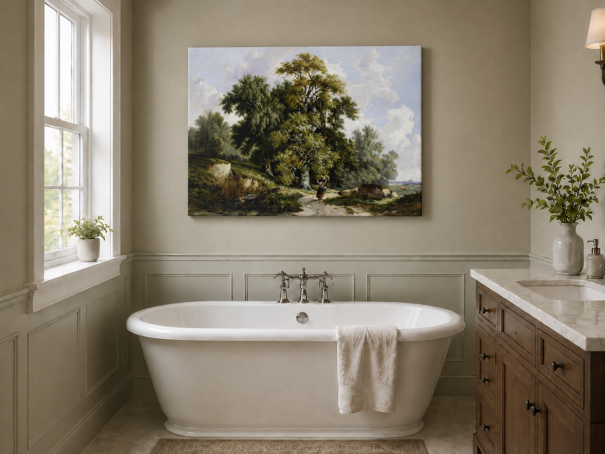 Peinture à l'huile de paysage - Chemin de campagne, grands arbres et personnage