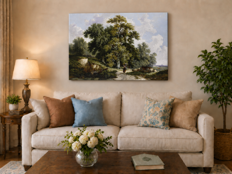 Peinture à l'huile de paysage - Chemin de campagne, grands arbres et personnage