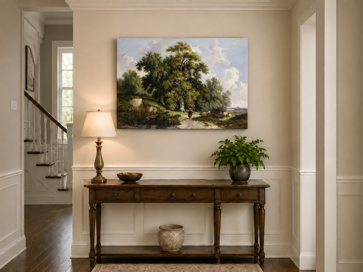 Peinture à l'huile de paysage - Chemin de campagne, grands arbres et personnage