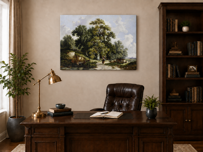 Peinture à l'huile de paysage - Chemin de campagne, grands arbres et personnage