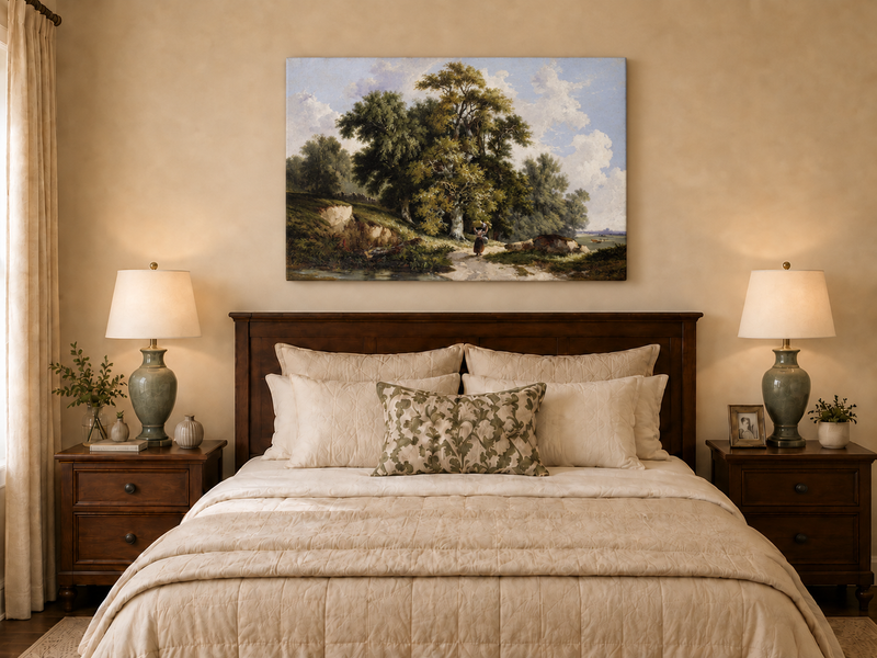 Peinture à l'huile de paysage - Chemin de campagne, grands arbres et personnage