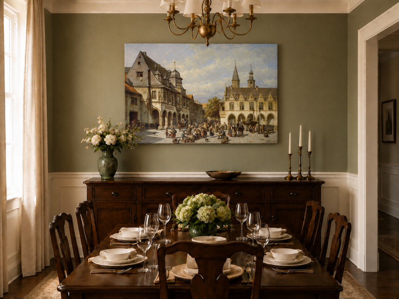 Ölgemälde Landschaft - Historische europäische Marktplatzfiguren