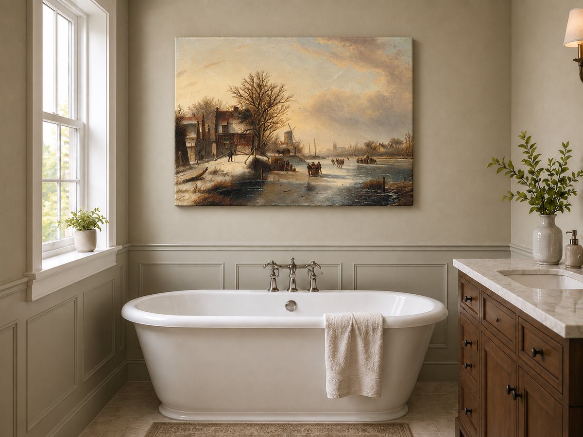 Peinture à l'huile de paysage - Village d'hiver, rivière gelée et patineurs