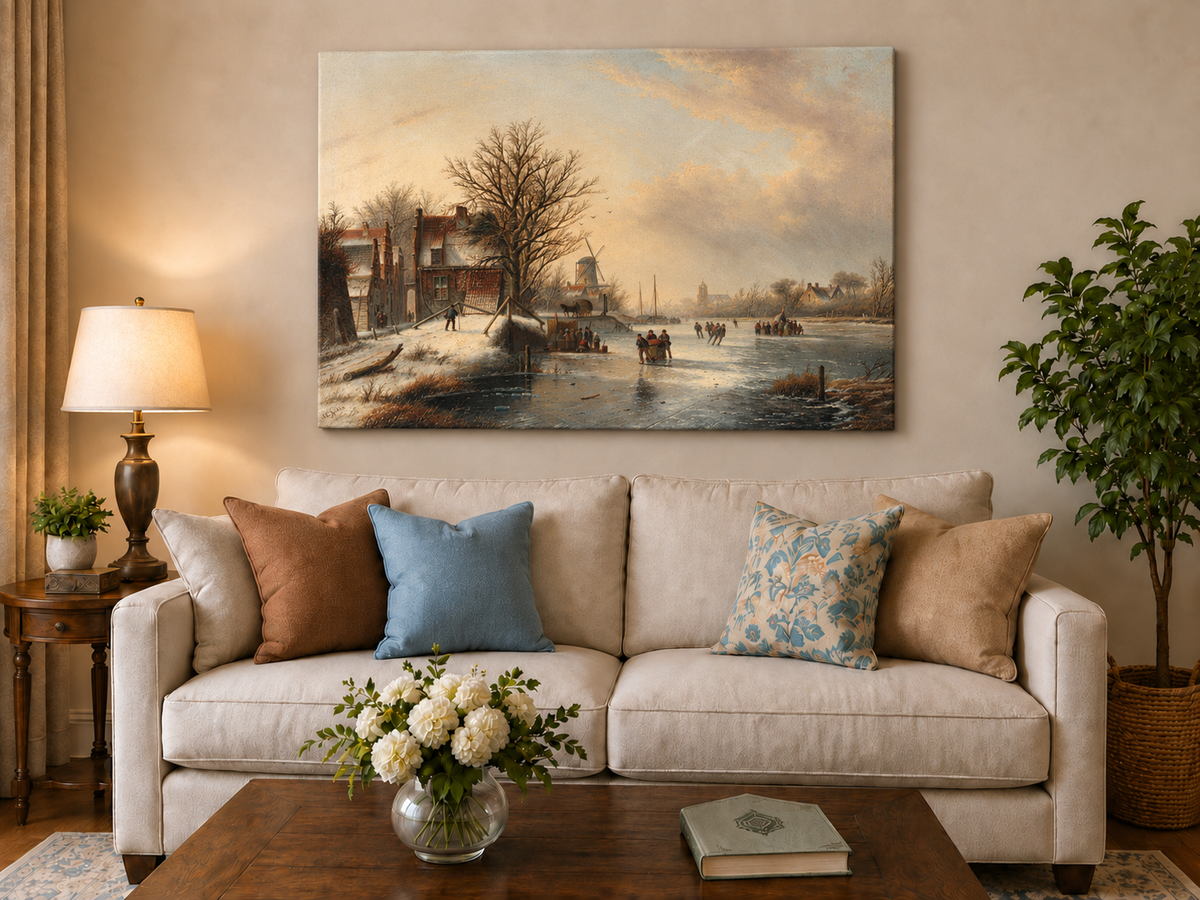 Peinture à l'huile de paysage - Village d'hiver, rivière gelée et patineurs