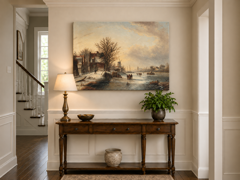 Peinture à l'huile de paysage - Village d'hiver, rivière gelée et patineurs