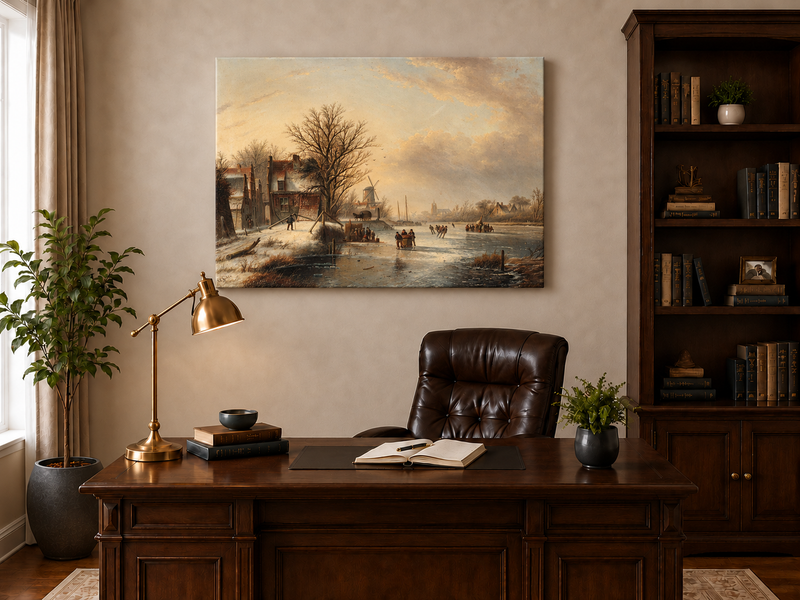 Peinture à l'huile de paysage - Village d'hiver, rivière gelée et patineurs