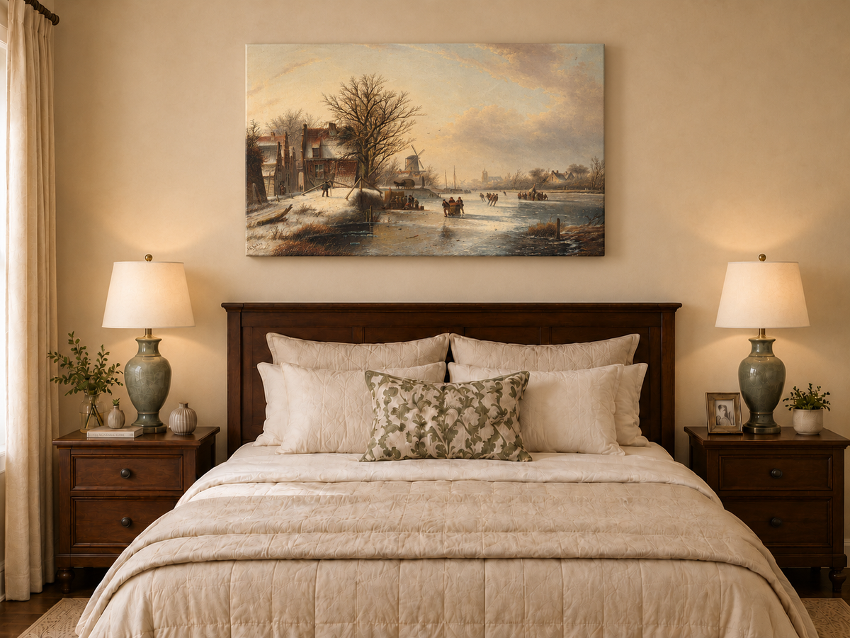 Peinture à l'huile de paysage - Village d'hiver, rivière gelée et patineurs