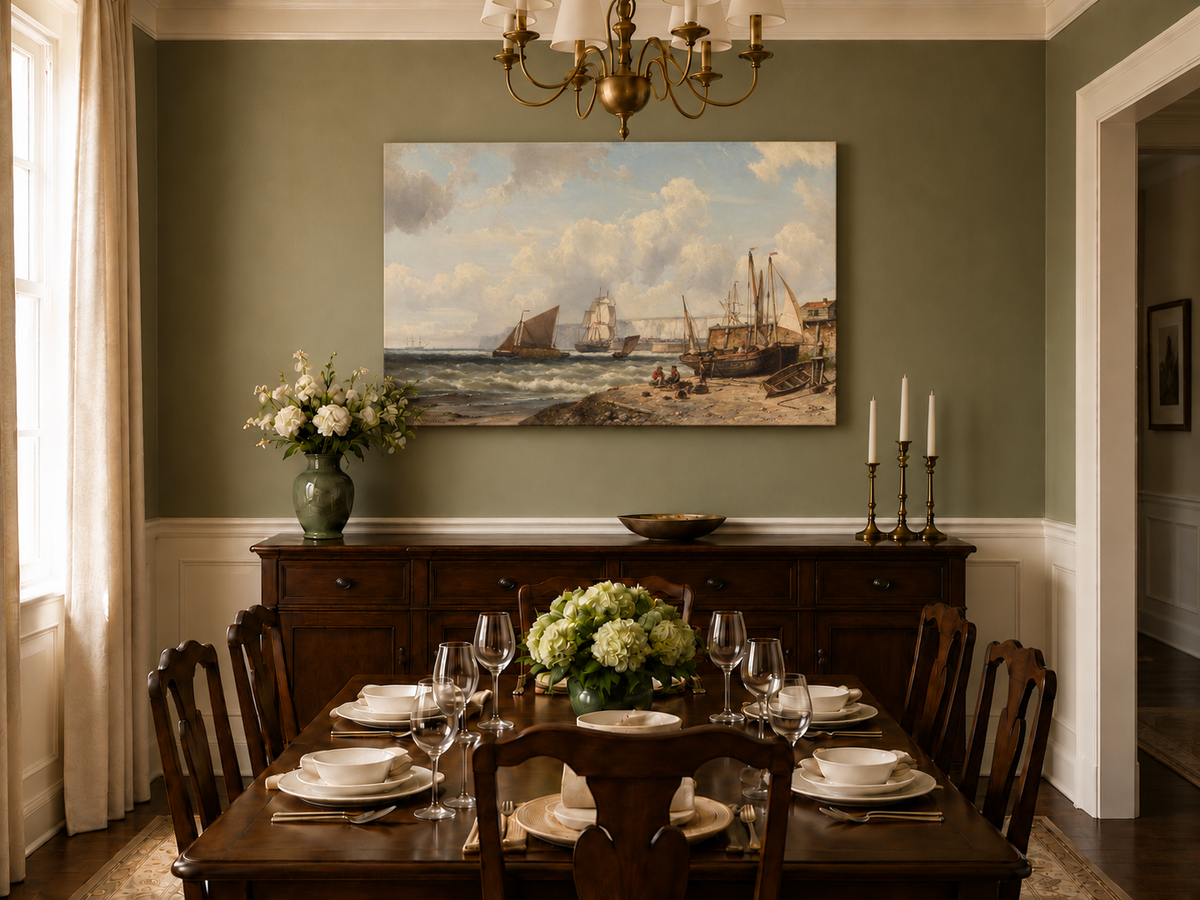 Peinture à l'huile de paysage - Bateaux de pêche et falaises du port historique