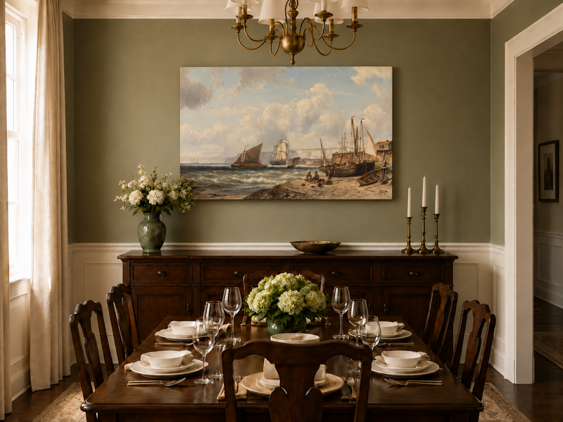 Peinture à l'huile de paysage - Bateaux de pêche et falaises du port historique