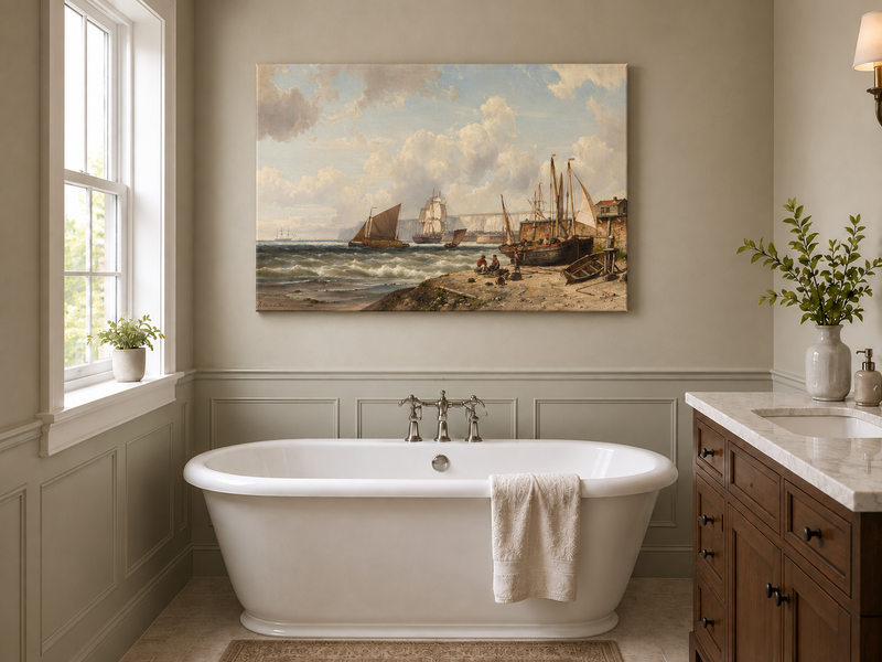 Peinture à l'huile de paysage - Bateaux de pêche et falaises du port historique