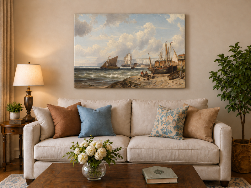 Peinture à l'huile de paysage - Bateaux de pêche et falaises du port historique