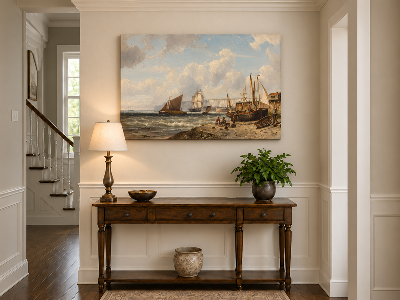 Peinture à l'huile de paysage - Bateaux de pêche et falaises du port historique