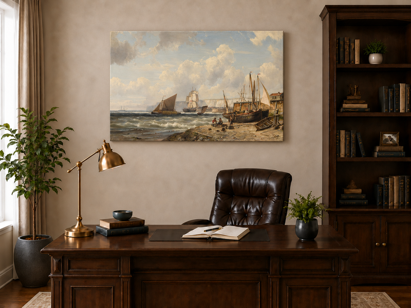Peinture à l'huile de paysage - Bateaux de pêche et falaises du port historique