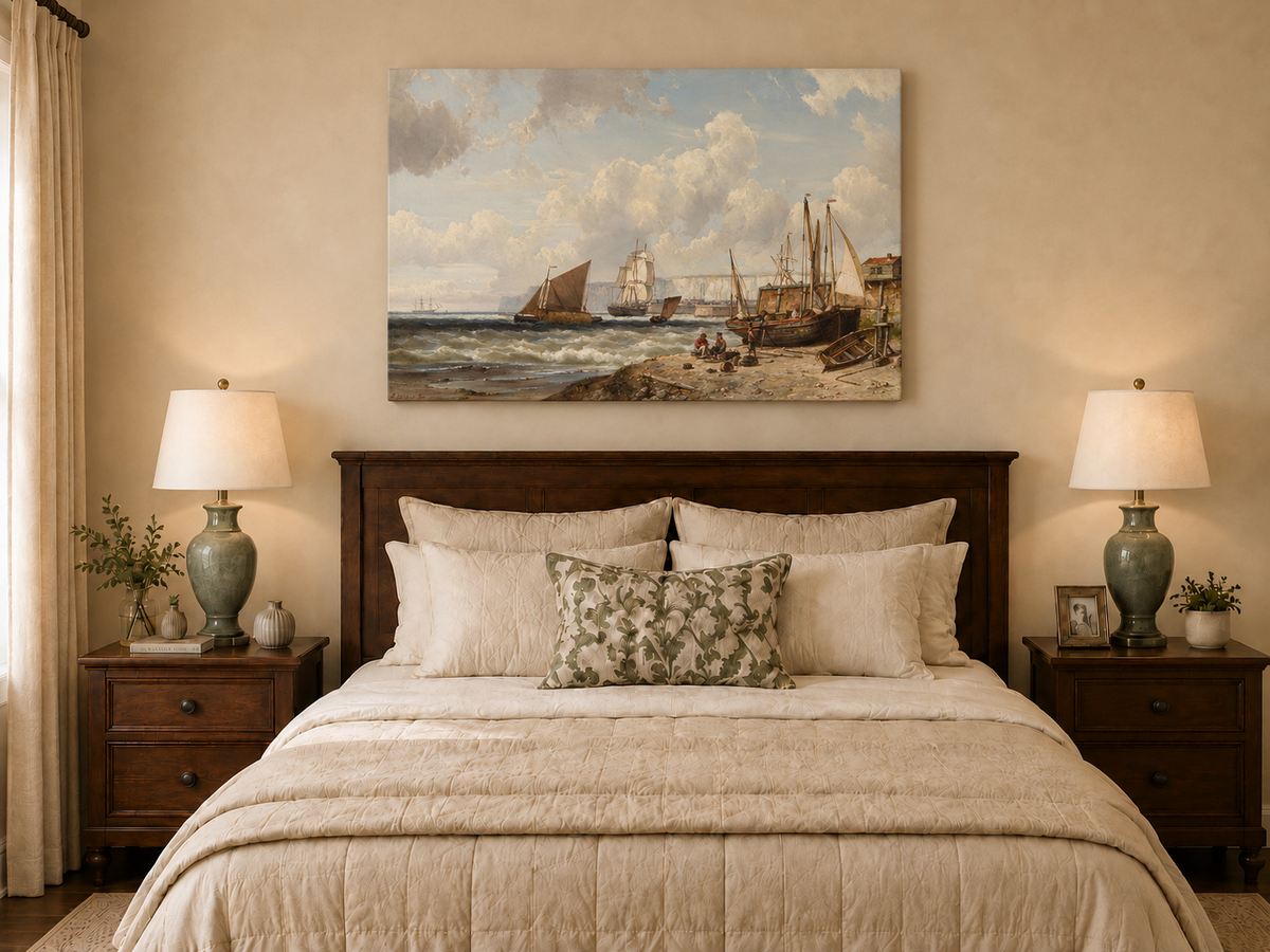 Peinture à l'huile de paysage - Bateaux de pêche et falaises du port historique