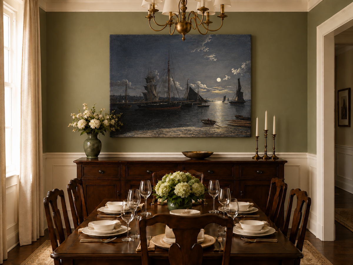 Peinture à l'huile de paysage - Voiliers au clair de lune dans un port la nuit