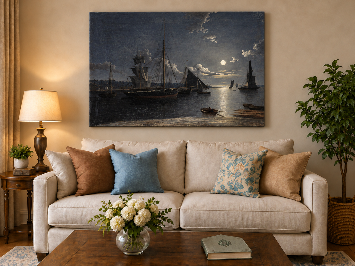 Peinture à l'huile de paysage - Voiliers au clair de lune dans un port la nuit
