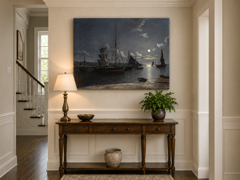 Peinture à l'huile de paysage - Voiliers au clair de lune dans un port la nuit