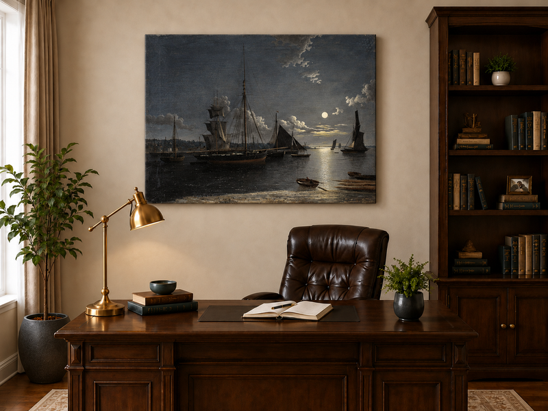 Peinture à l'huile de paysage - Voiliers au clair de lune dans un port la nuit