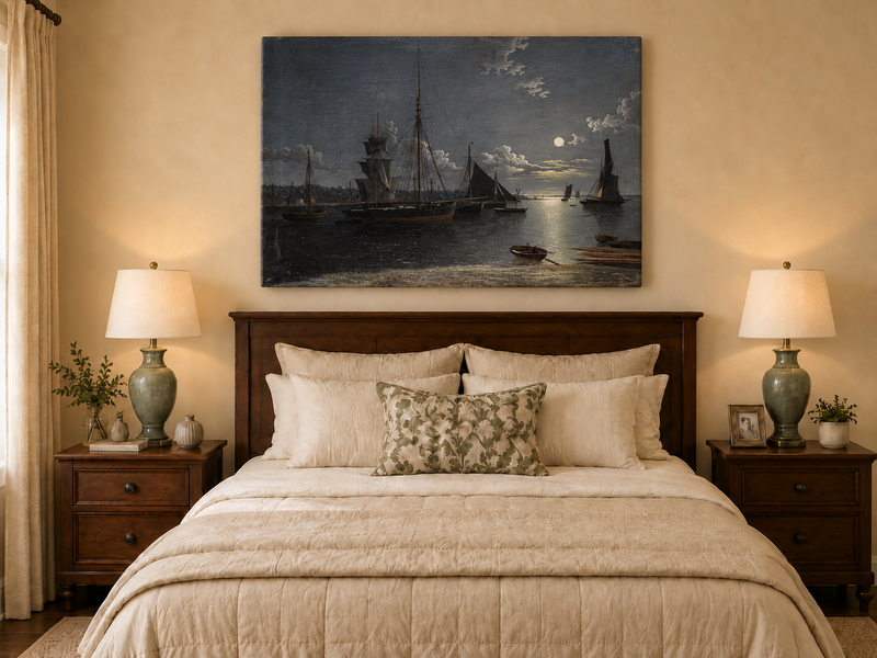 Peinture à l'huile de paysage - Voiliers au clair de lune dans un port la nuit