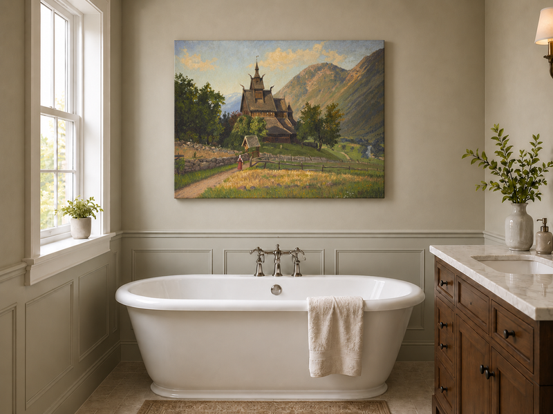 Peinture à l'huile de paysage - Église nordique en bois dans une vallée de montagne