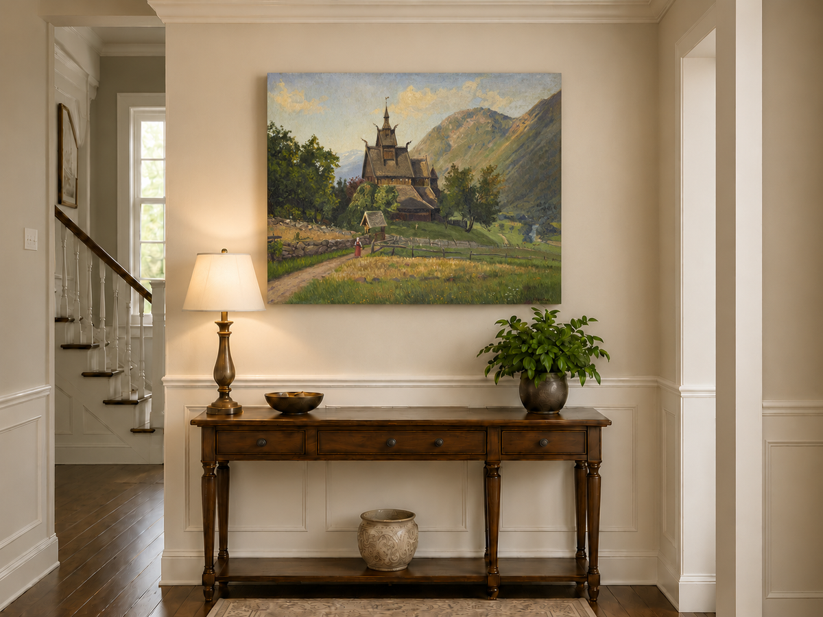 Peinture à l'huile de paysage - Église nordique en bois dans une vallée de montagne