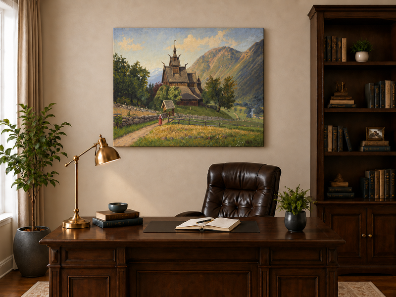 Peinture à l'huile de paysage - Église nordique en bois dans une vallée de montagne