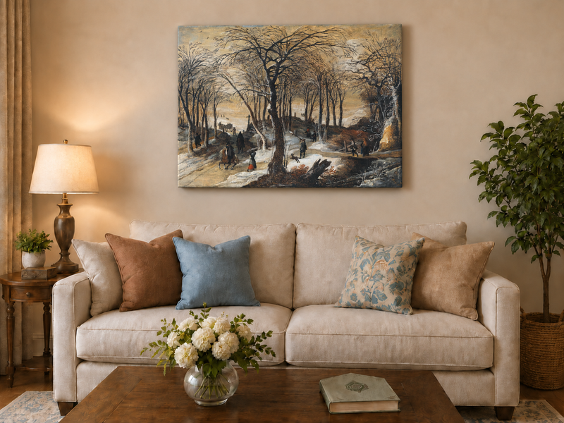 Ölgemälde Landschaft – Winterlicher Waldweg mit Figuren