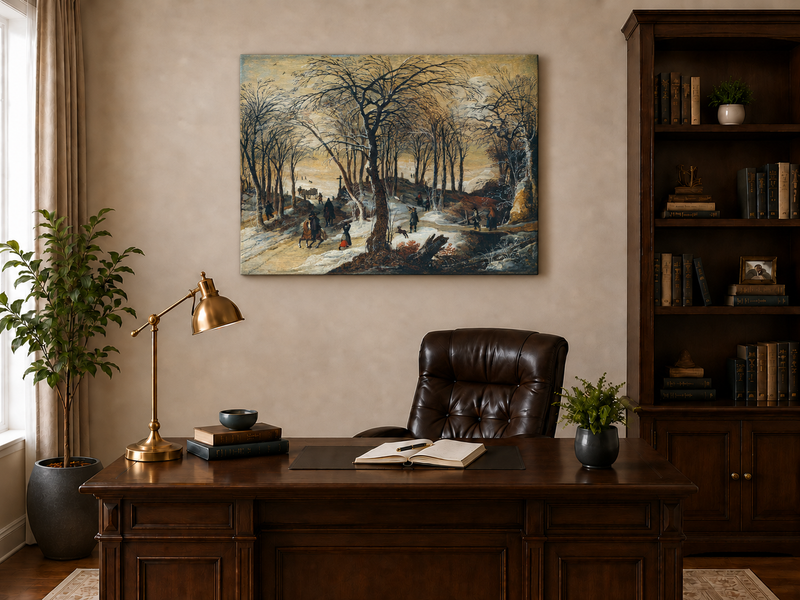 Ölgemälde Landschaft – Winterlicher Waldweg mit Figuren