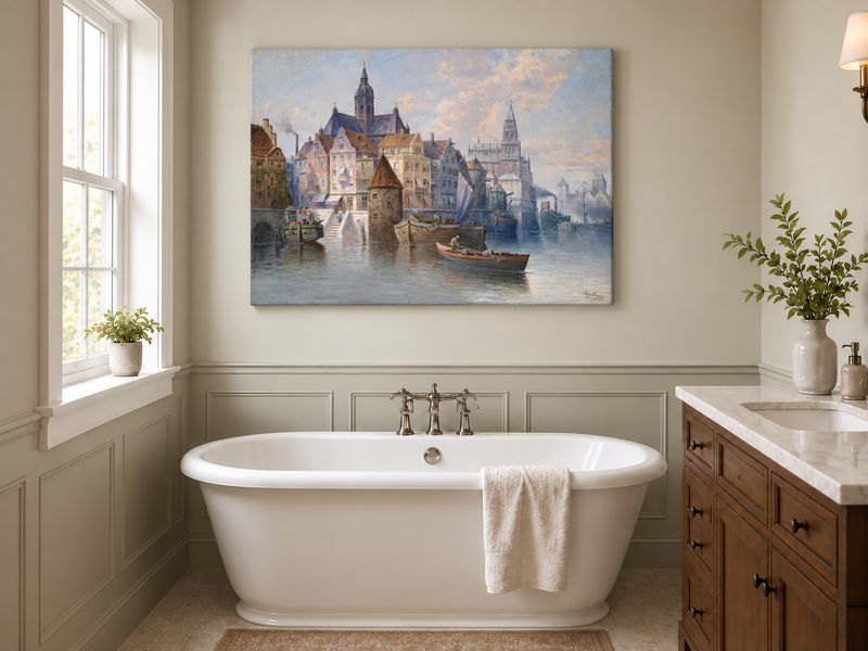 Landscape Oil Painting - European Harbor City Canal & Boats