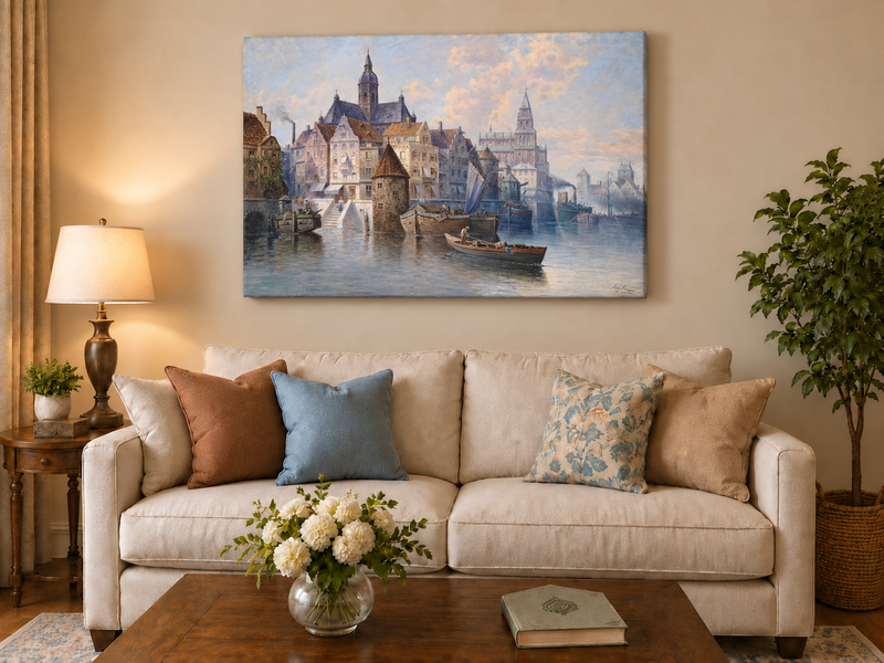 Landscape Oil Painting - European Harbor City Canal & Boats