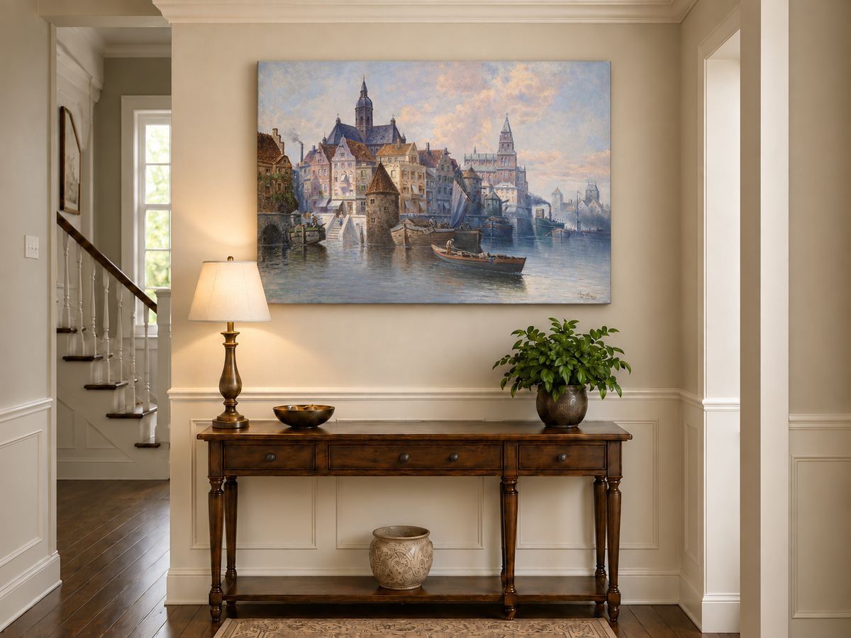 Landscape Oil Painting - European Harbor City Canal & Boats