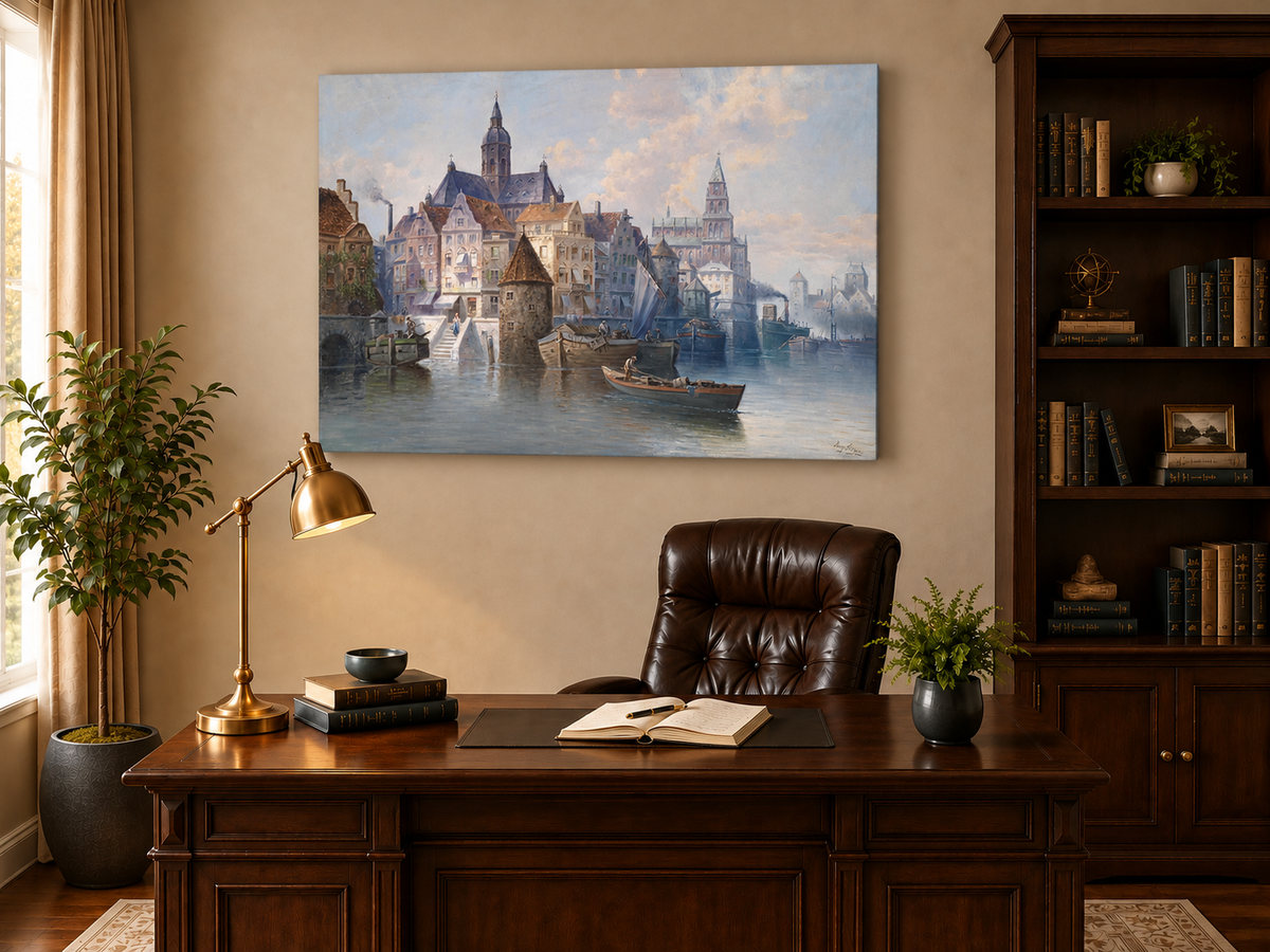 Landscape Oil Painting - European Harbor City Canal & Boats
