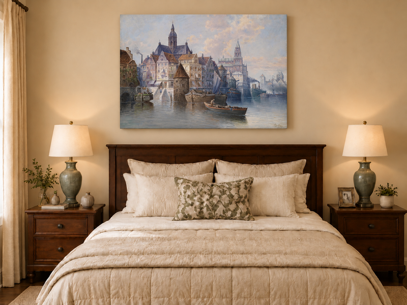 Landscape Oil Painting - European Harbor City Canal & Boats