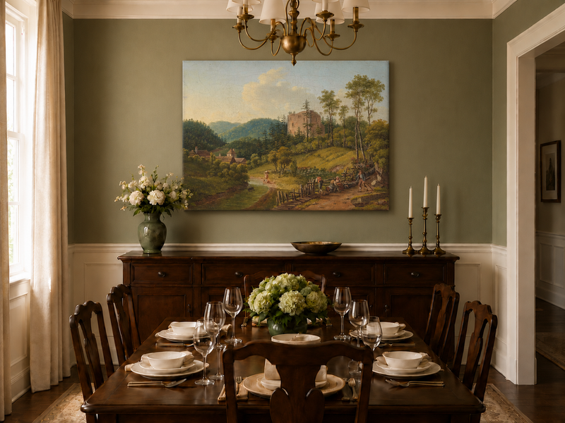 Peinture à l'huile de paysage - Village en bord de rivière et ruines de château