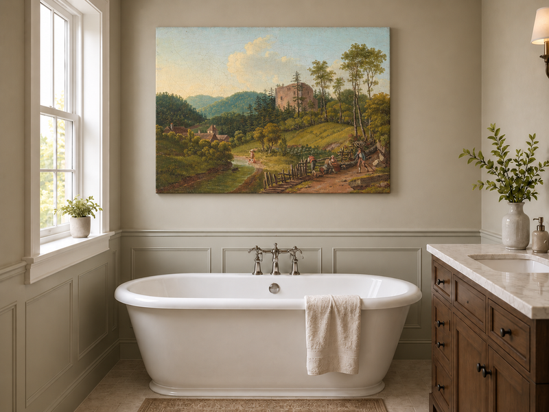 Peinture à l'huile de paysage - Village en bord de rivière et ruines de château