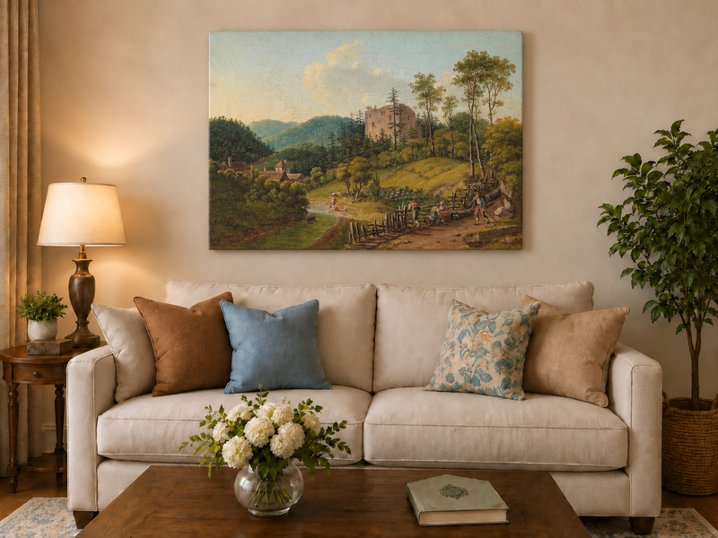 Peinture à l'huile de paysage - Village en bord de rivière et ruines de château