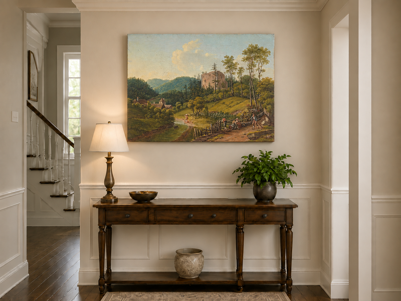 Peinture à l'huile de paysage - Village en bord de rivière et ruines de château