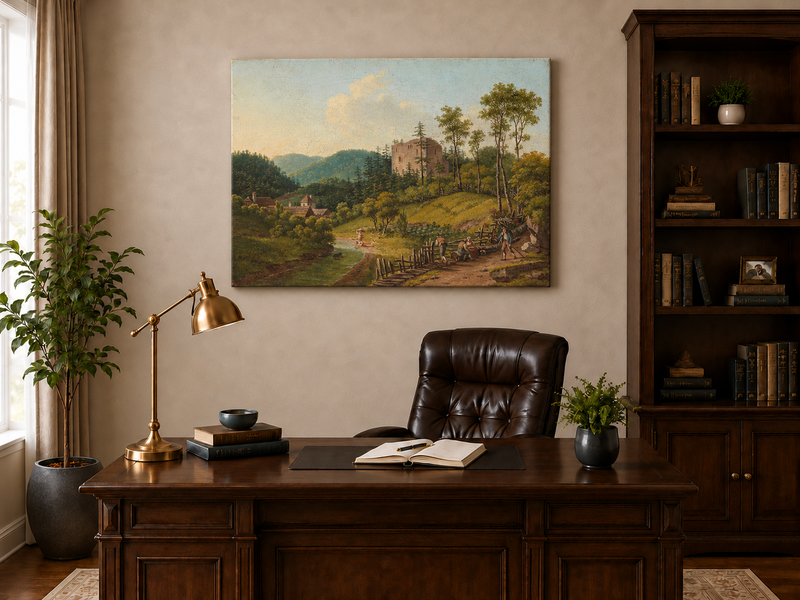 Peinture à l'huile de paysage - Village en bord de rivière et ruines de château